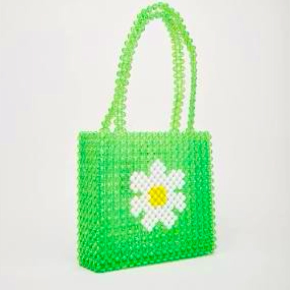 Susan Alexandra Green Beaded Tote Bag With Daisy Design